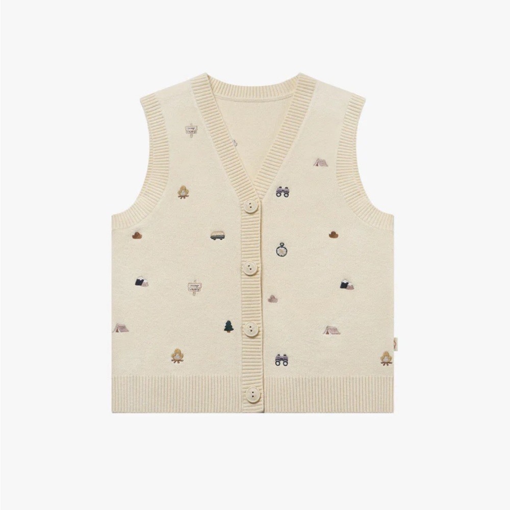 Cream Knit Vest with Embroidery